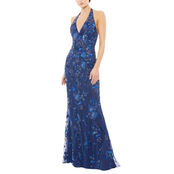 NWOT Mac Duggal navy blue FLORAL EMBELLISHED HALTER GOWN 16 - Picture 2 of 8